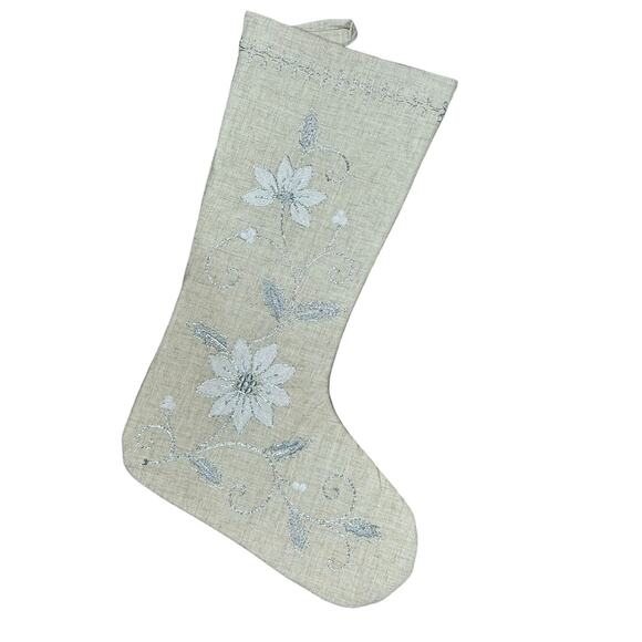 Splendid Home‎ Linen Blend Embroidered Poinsettia Lined Christmas Stockings Pair - Picture 4 of 8